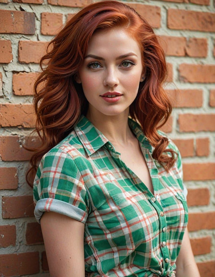 Stunning Pin-Up Model with Red Hair, Oil Painting
