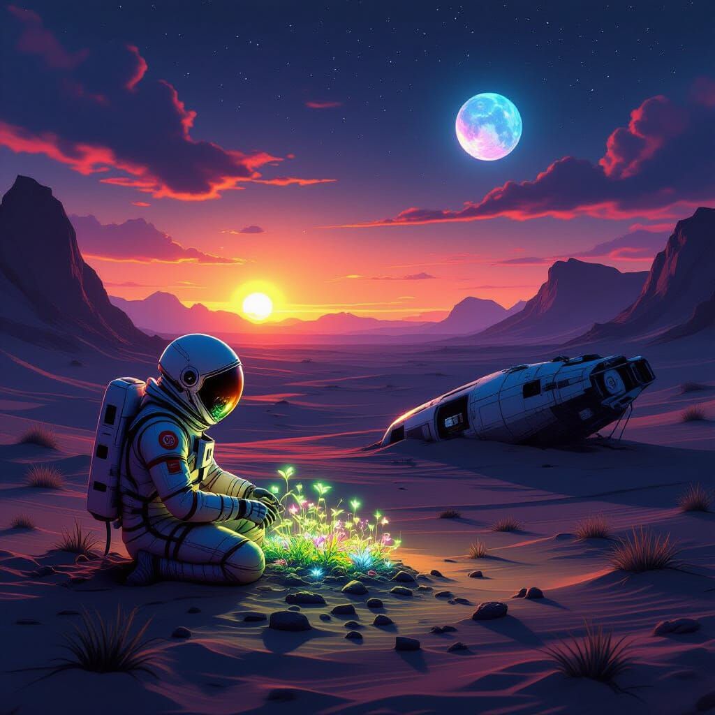 Astronaut Tends Bioluminescent Garden on Alien Exoplanet