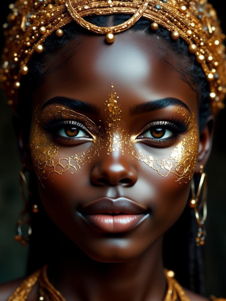 Beautiful African Woman with Gold Crown, Painterly Style