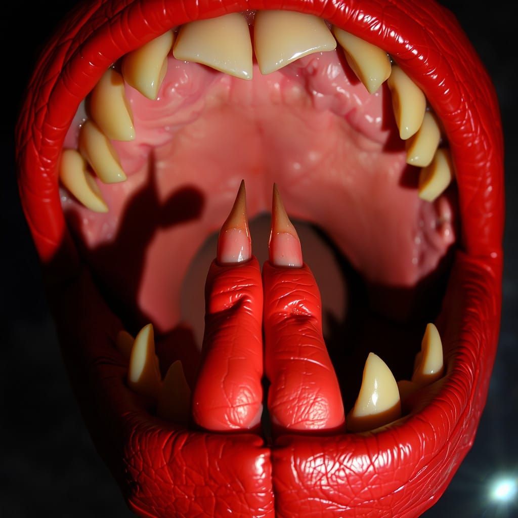 Eerie Red Leather Teeth in a Fisheye World