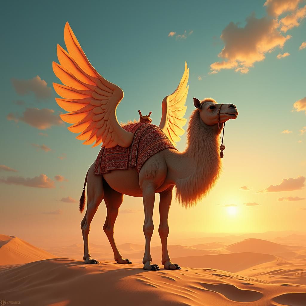 Winged Camel Sahab in a Golden Desert Sky
