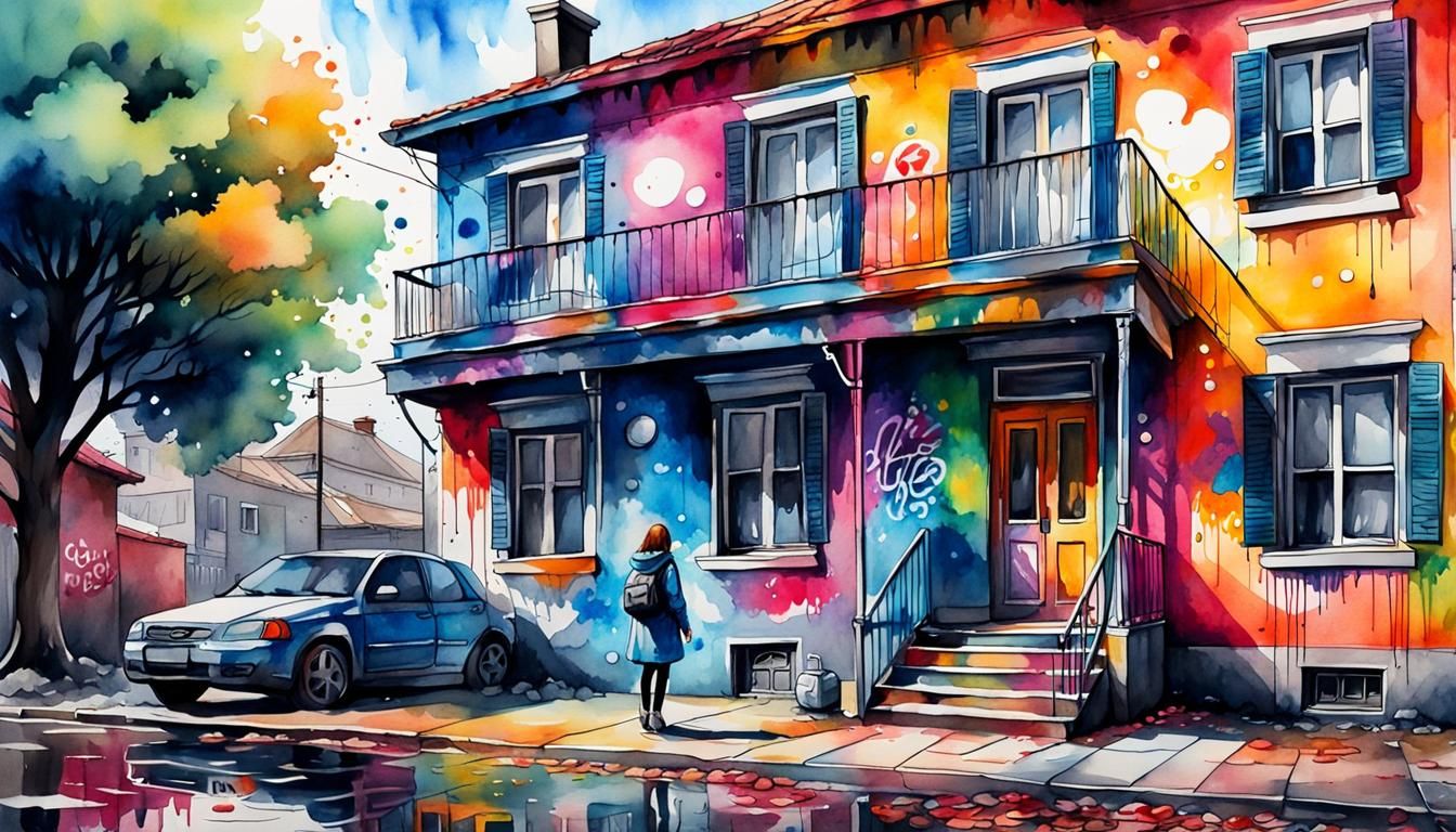 Colorful Watercolor House in Graffiti Art Style