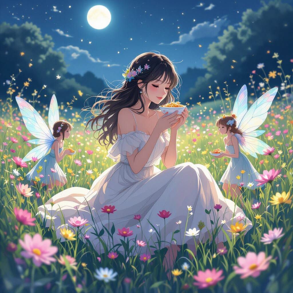 Anime Woman with Fairies in Moonlit Meadow