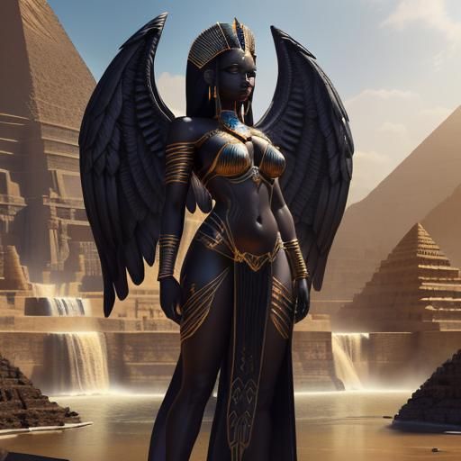 Black Goddess with Angel Wings and Sphinx