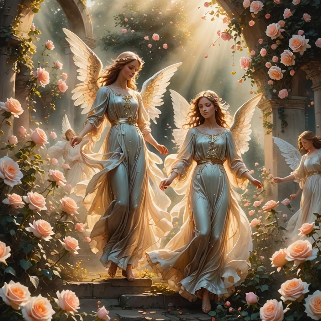Ethereal Angels in Rose Garden Fantasy Painting