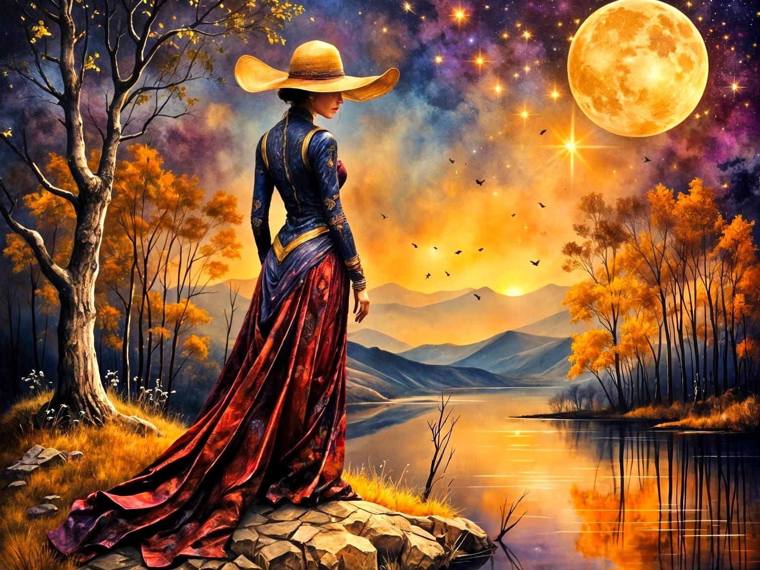 Gypsy Woman at Bonfire Celebration as Cracked Oil Painting