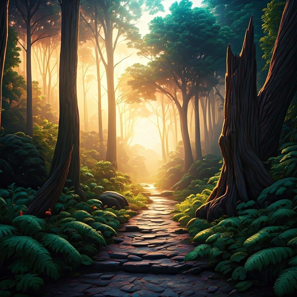 Enchanted Forest Glade in Golden Sunlight