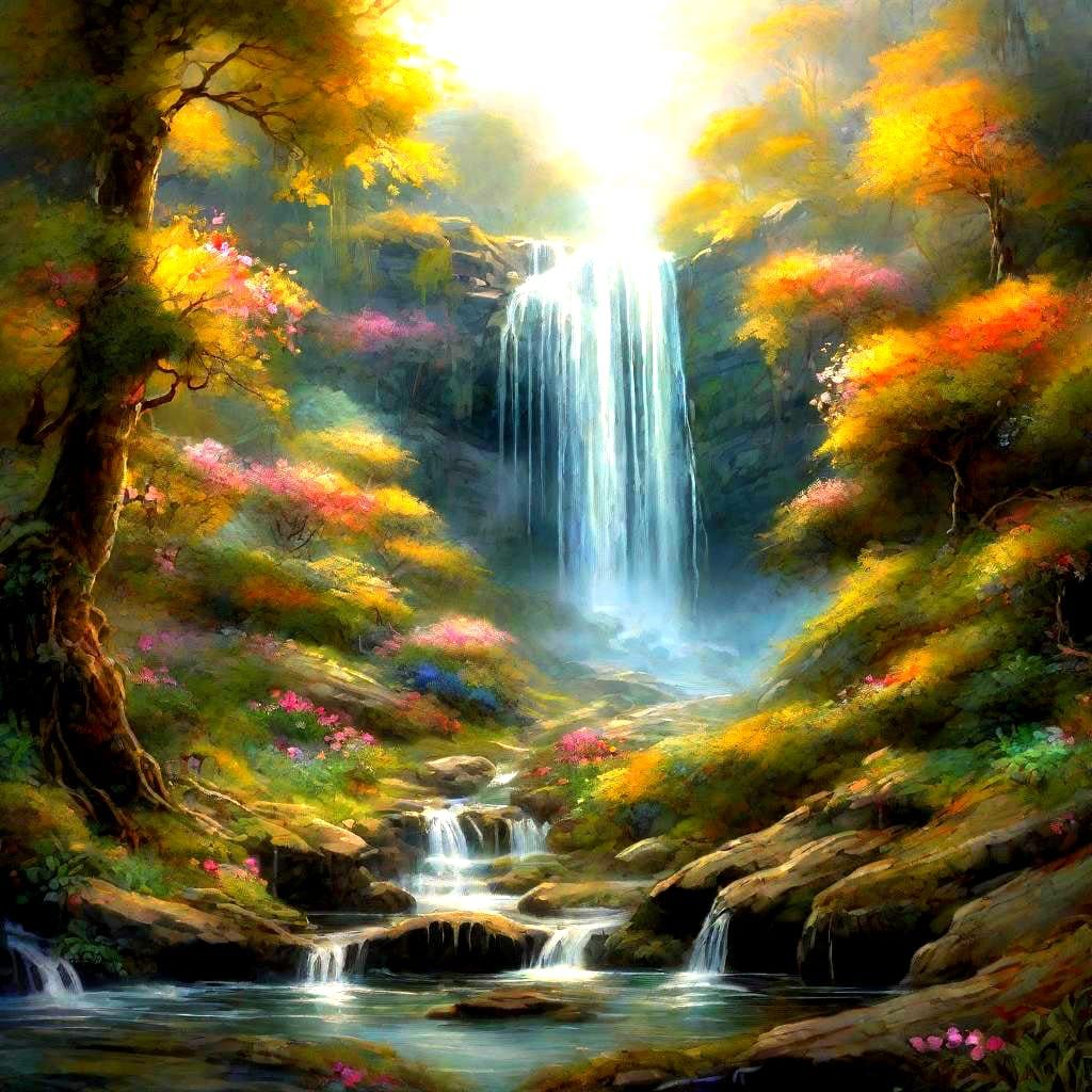 Enchanted Waterfall Landscape in Romantic Style