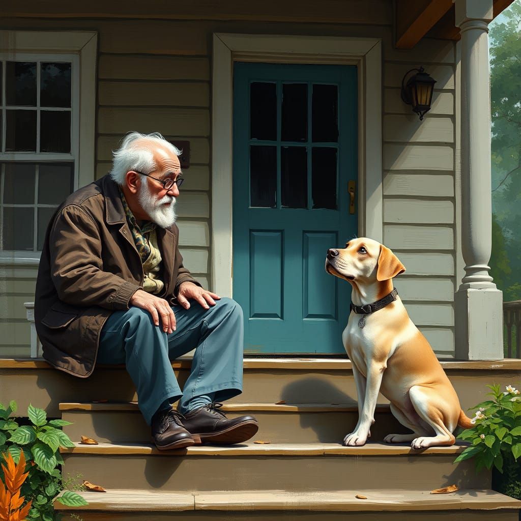 Grandfather and His Loyal Companion in Whimsical Oil Paintin...