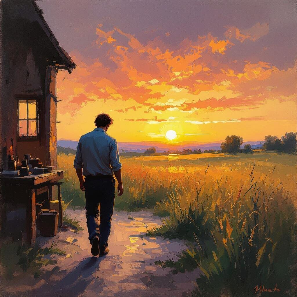Man Escaping Dark Workshop to Sunlit Meadow in Oil Painting ...