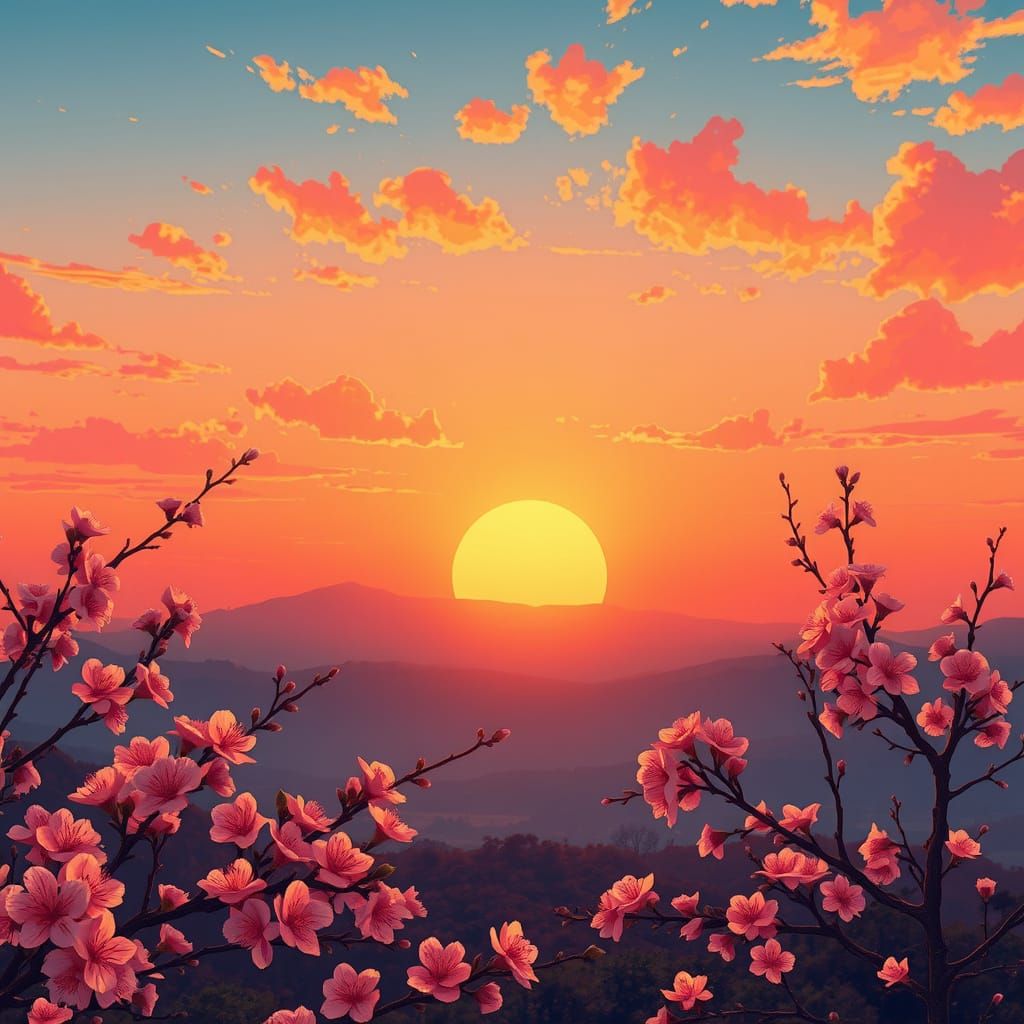 Vibrant Zen Sunset in Manga Style