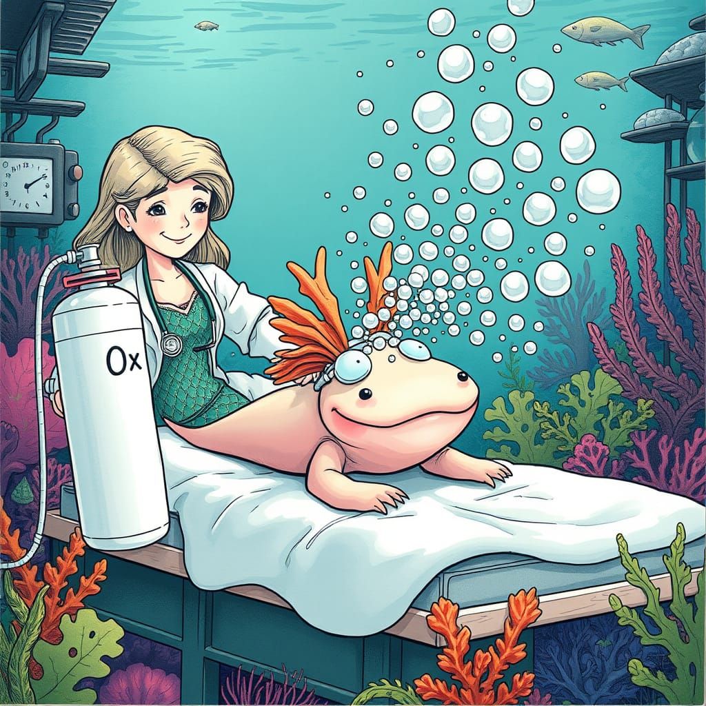 Axolotl in Whimsical Underwater Hospital