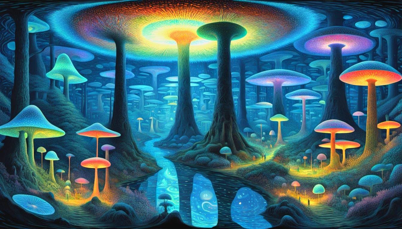 Galactic Bioluminescent Realm in Vibrant Iridescent Hues