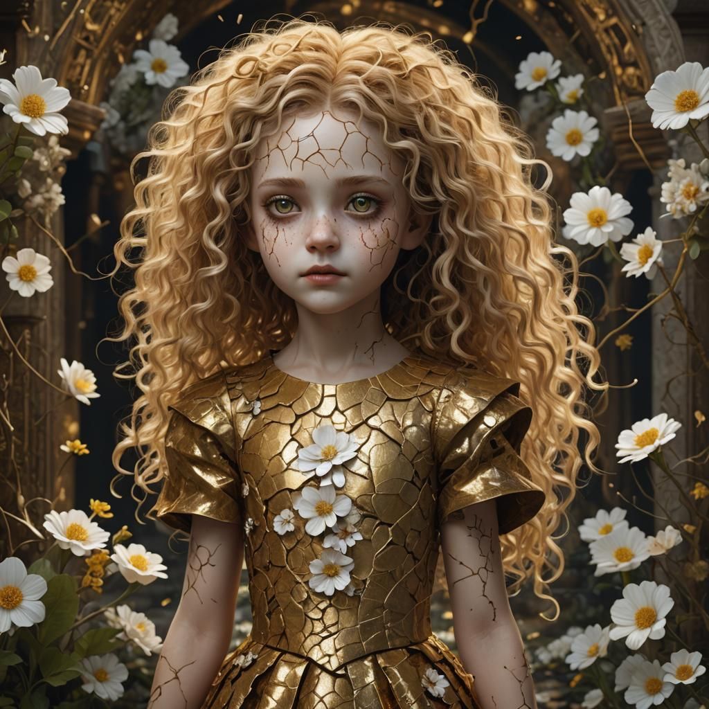 Cracked Porcelain Girl in Golden Dress: Fantasy Art