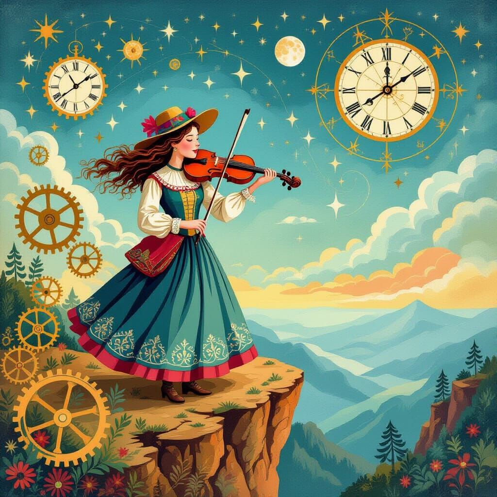 Whimsical Violinist at Cliff's Edge in Folk Art Style