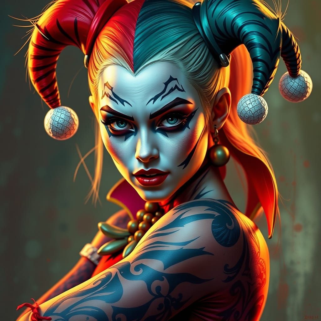 Hyperrealistic Harley Quinn Portrait with Tribal Tattoos