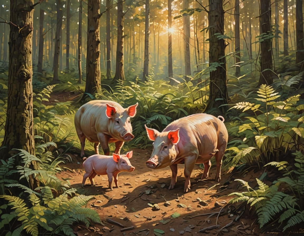 Mother Pig and Piglet Foraging: Impressionistic Oil Painting