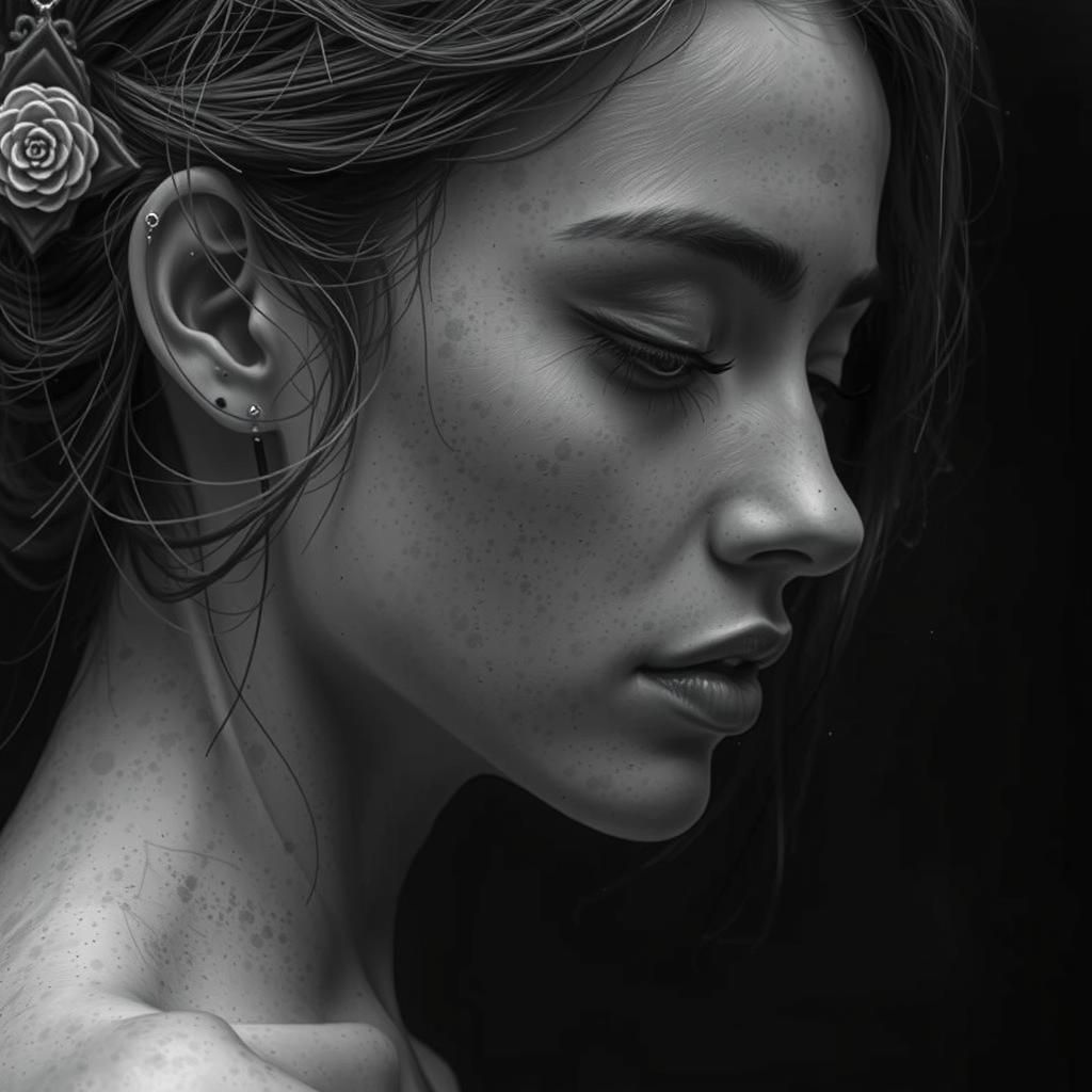 Grayscale Portrait in Alcohol Ink Style