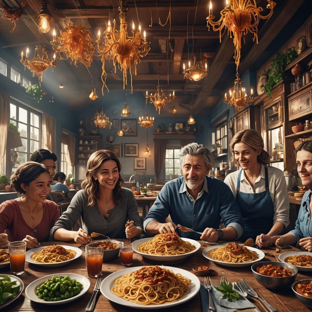 Family Spaghetti Dinner: Detailed Matte Painting