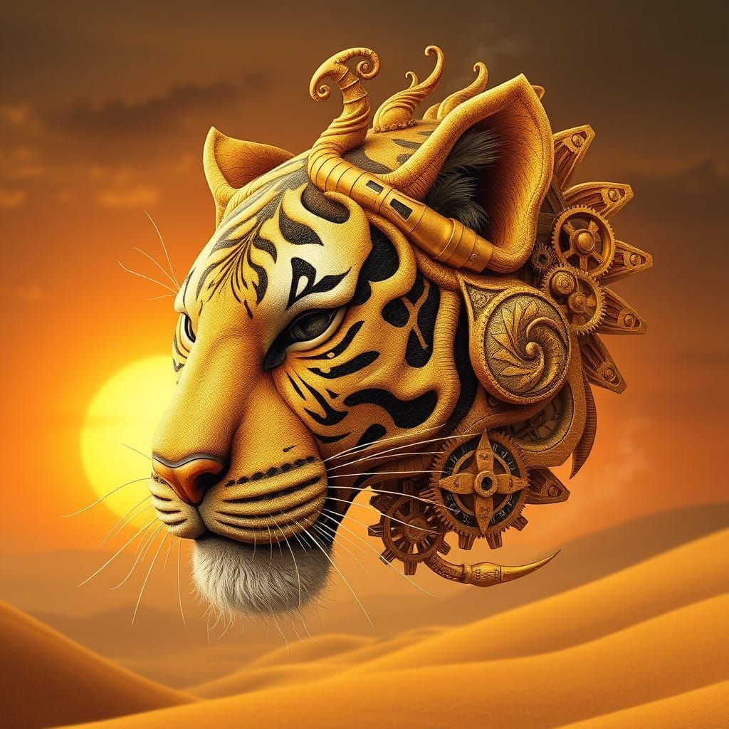 Fractured Tiger Head in Golden Sand with Steampunk Engine