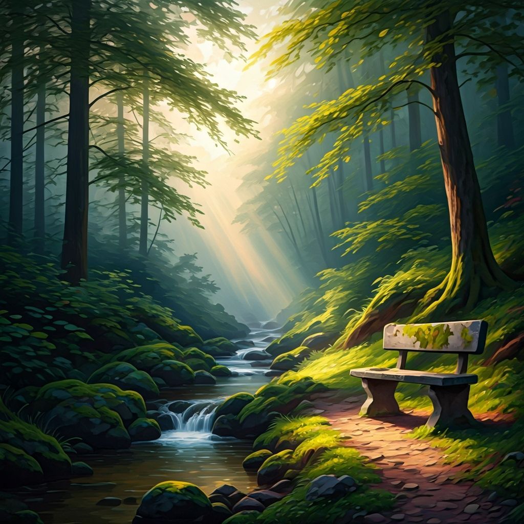 Serene Forest Clearing with Stone Bench Painting