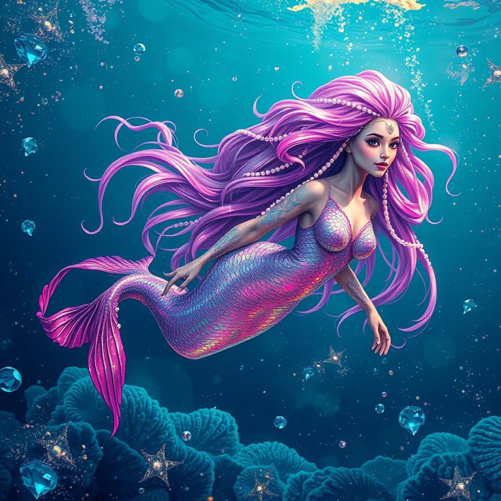 Ethereal Mermaid Glides Through Glimmering Ocean Depths