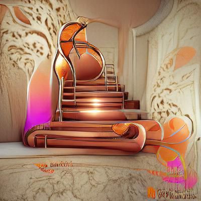 Art Nouveau Staircase with Whiplash Lines in 3D
