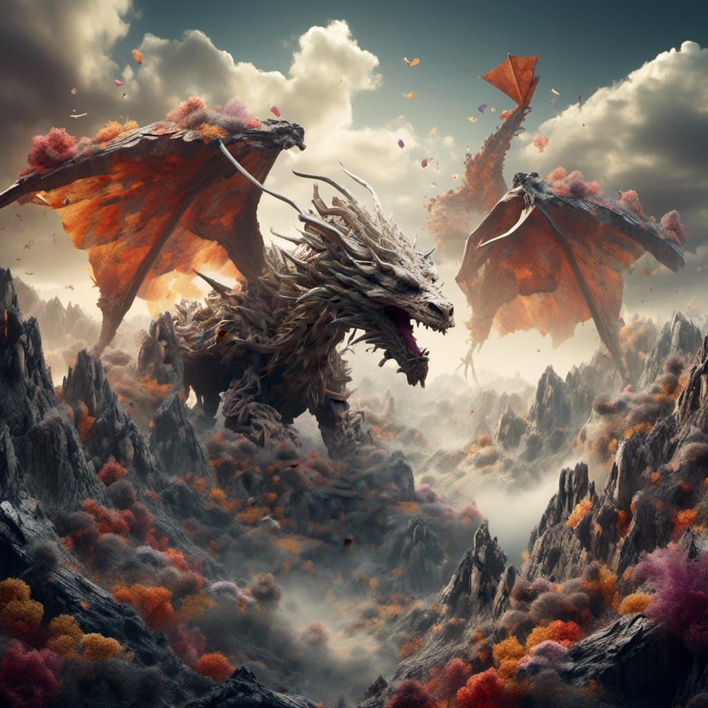 Dragon Perched on Paper Mountains in Digital Art