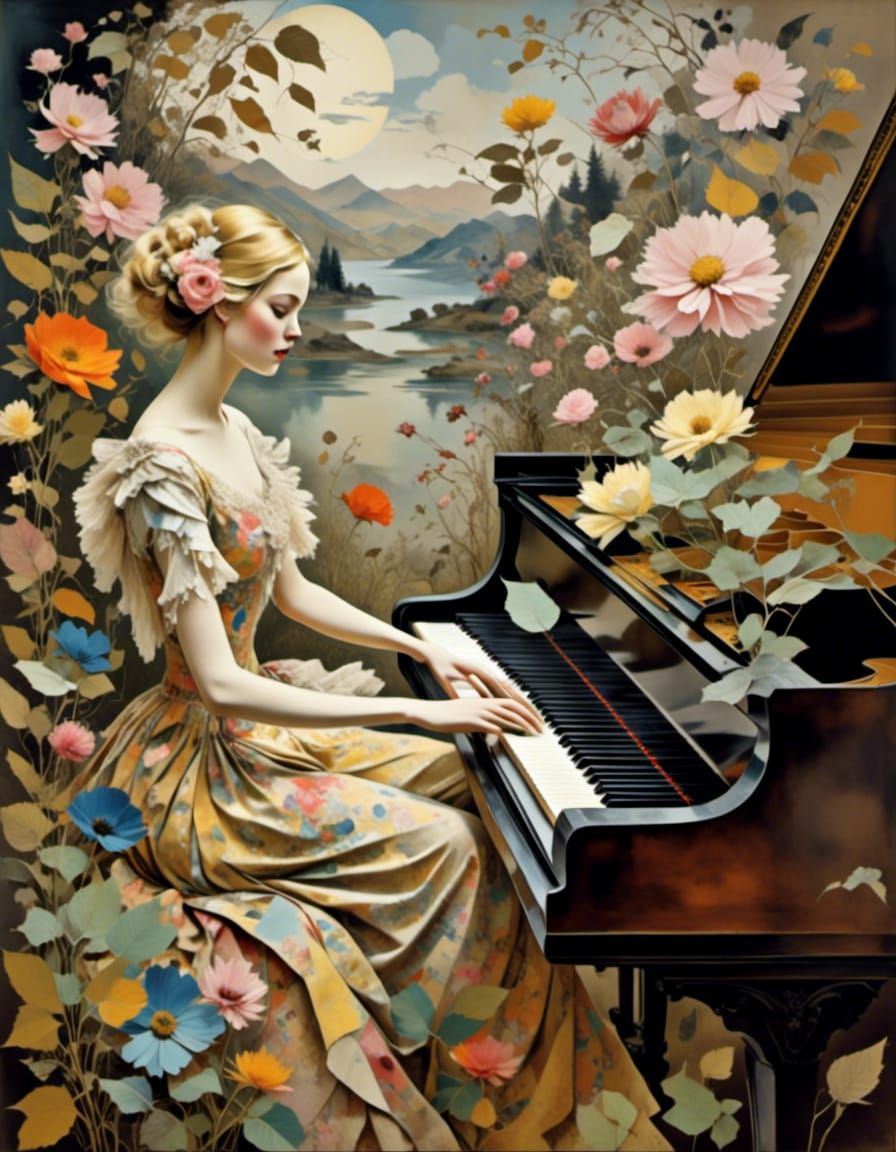 Impressionist Garden Piano in Watercolor Style
