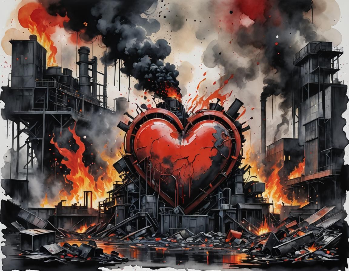 Heart Overflowing with Trash in Sci-Fi Surrealism Style