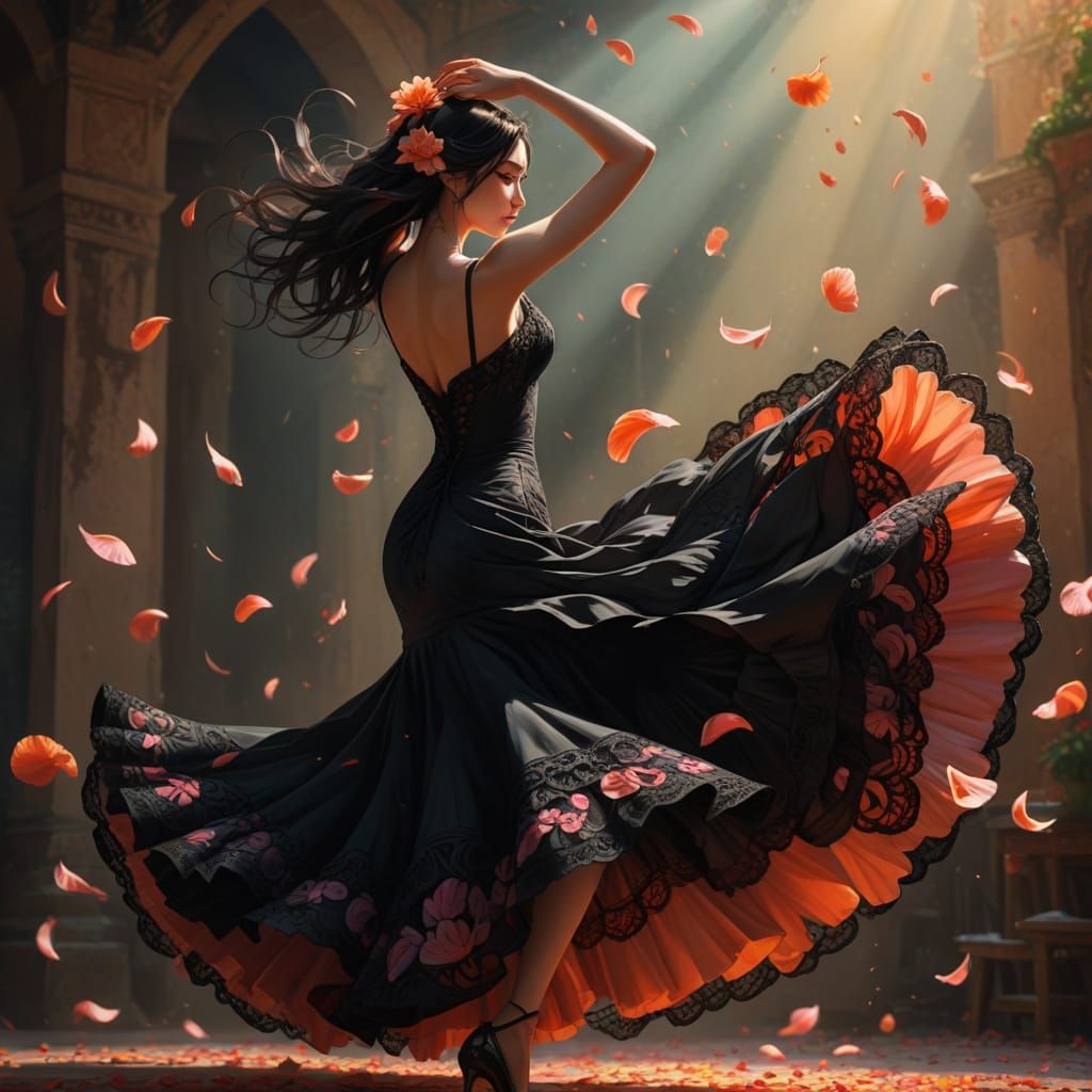 Anime Flamingo Dancer in Motion with Floral Details
