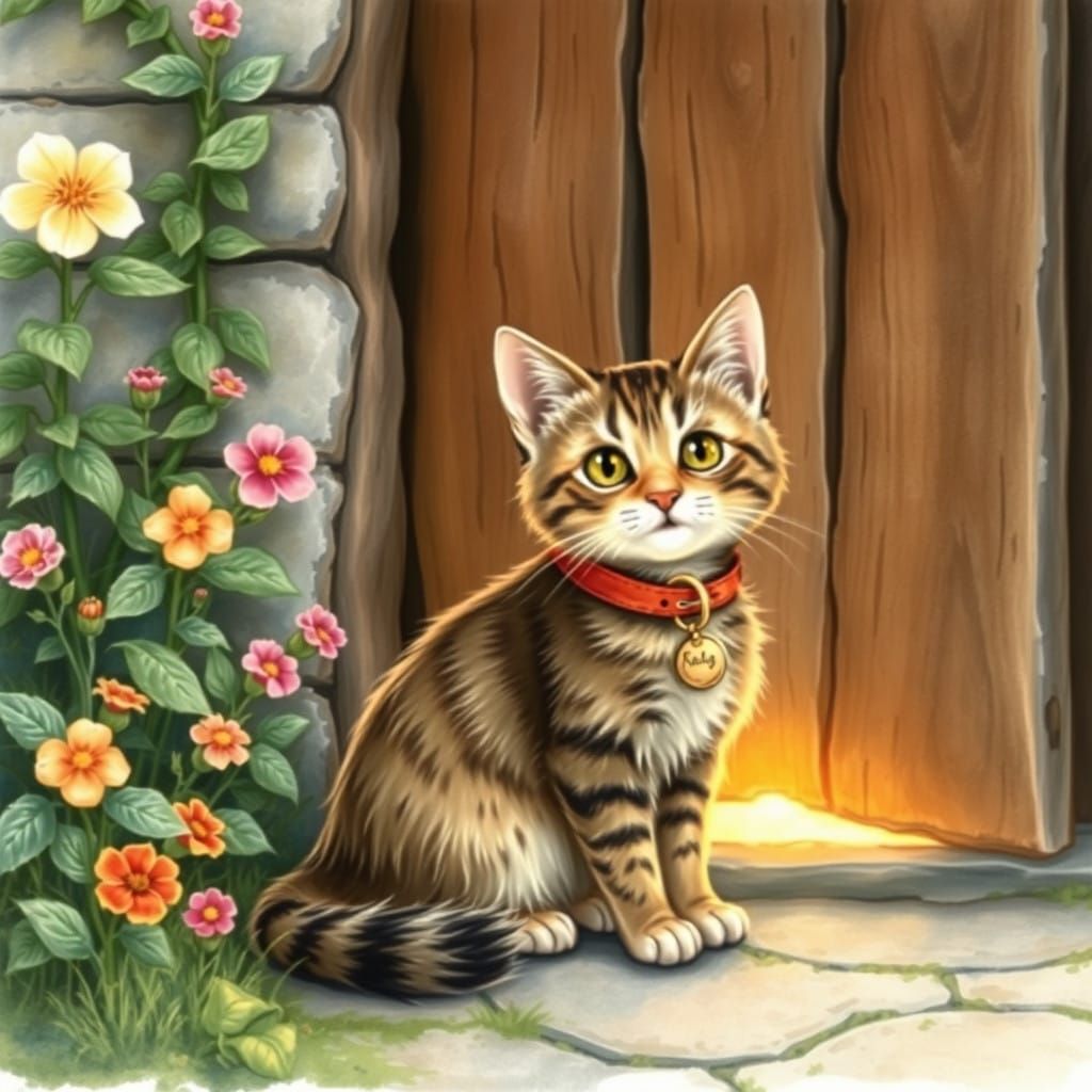 Whimsical Feline Scene in Classic Watercolor Style