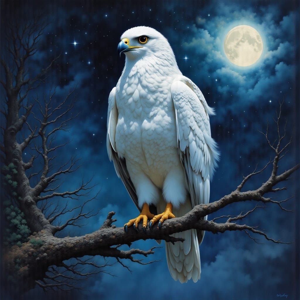 White Hawk Perched in Soft Moonlight, Oil Painting