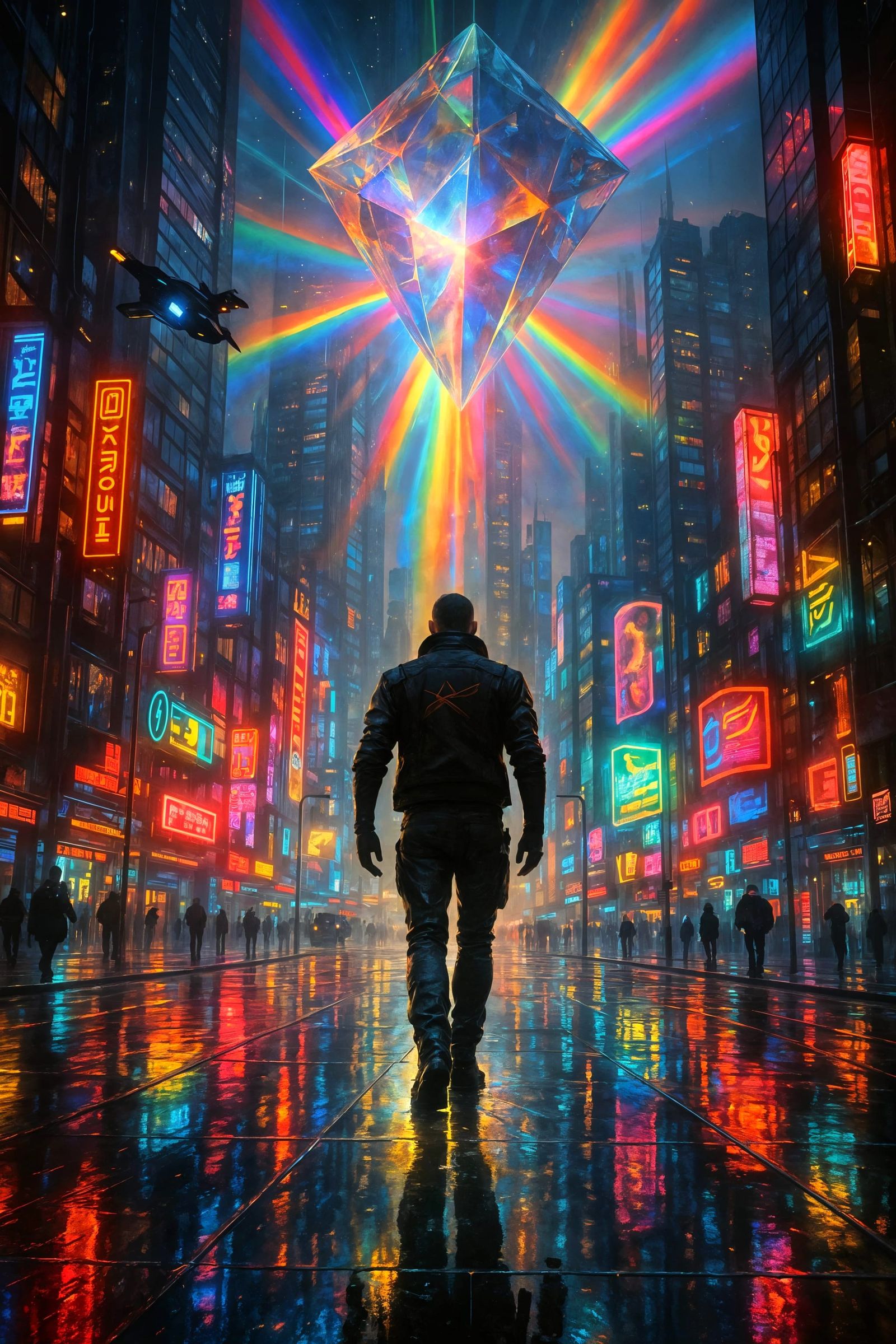 Night City Prism Rainbow Cascade in Cyberpunk Style