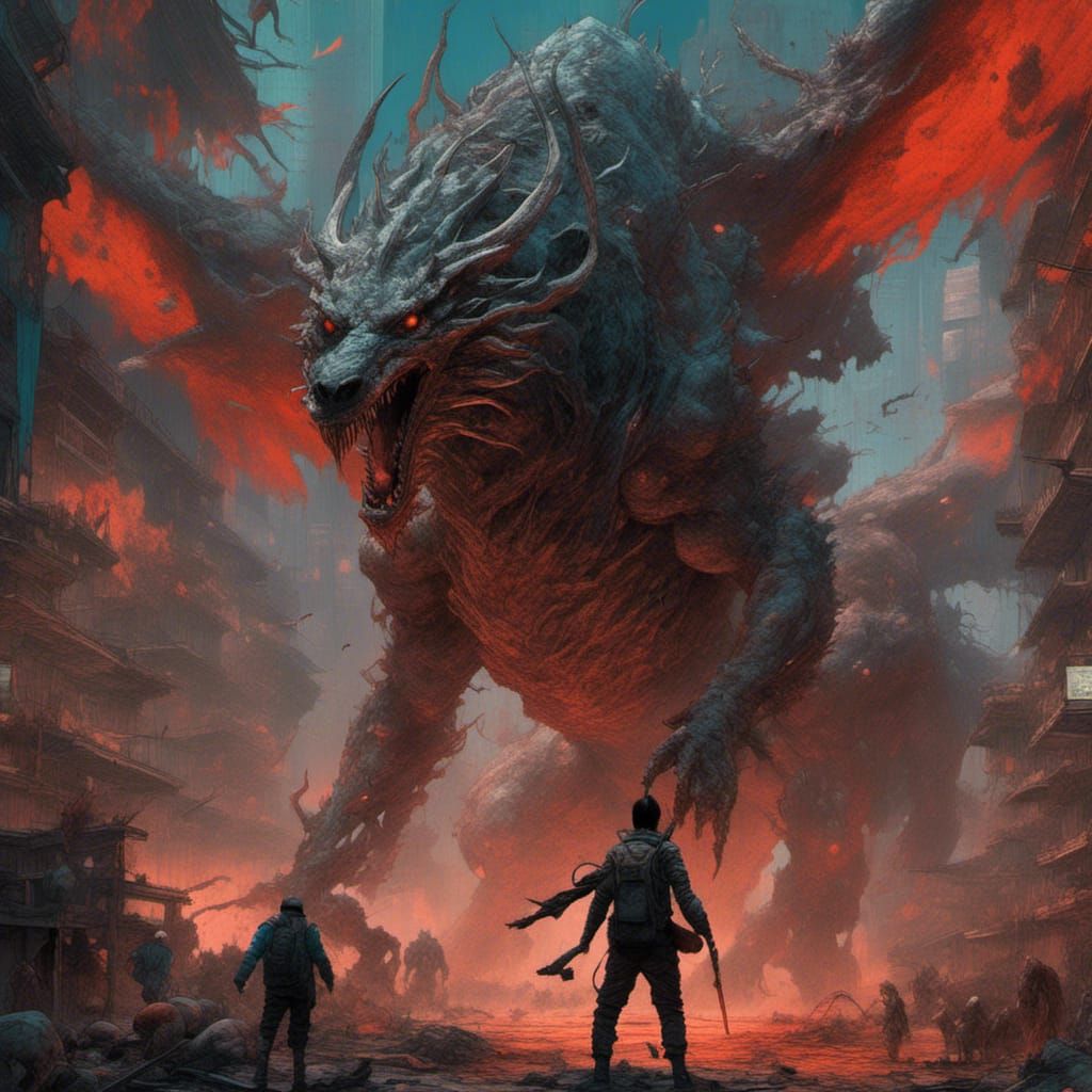 Dragon Hunter Battles in Burning Cityscape