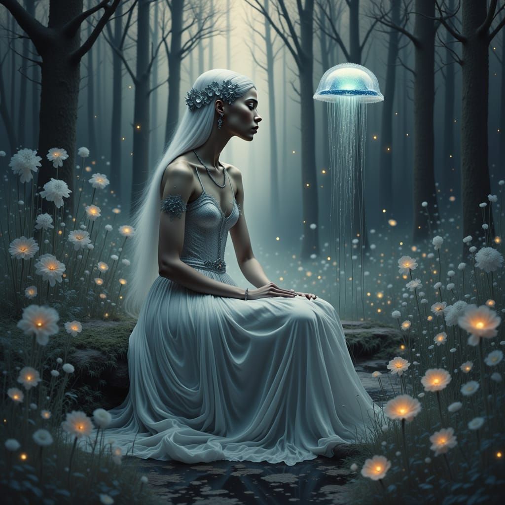 Art Nouveau Woman Beside Bioluminescent Jellyfish in Forest