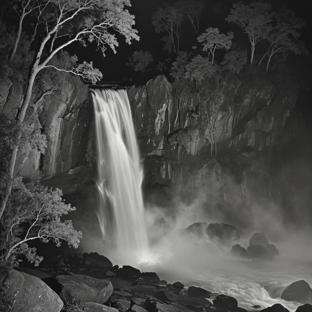 Serene Night Waterfall in Black and White