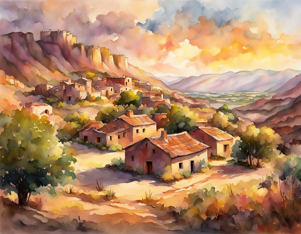 Southwestern Village in Vibrant Watercolor
