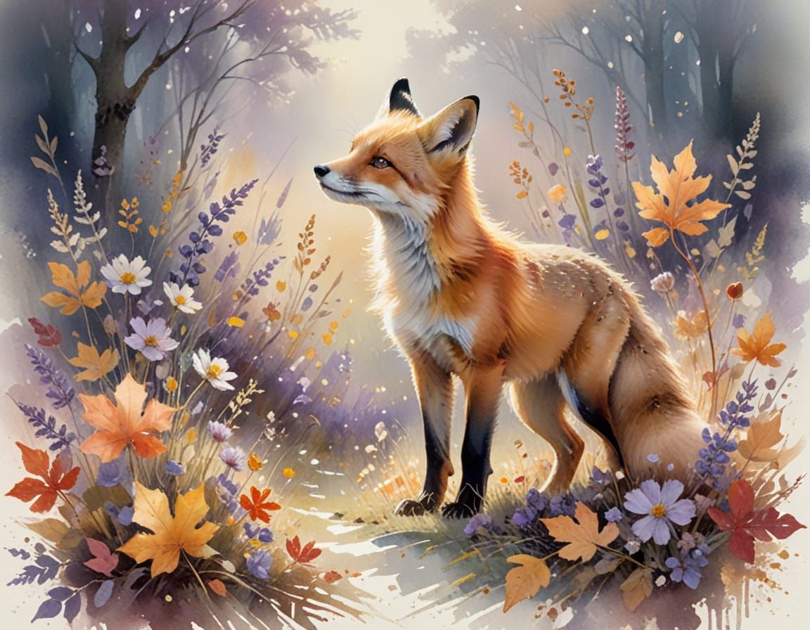 Red Fox in Autumn Leaves, Watercolor Painting