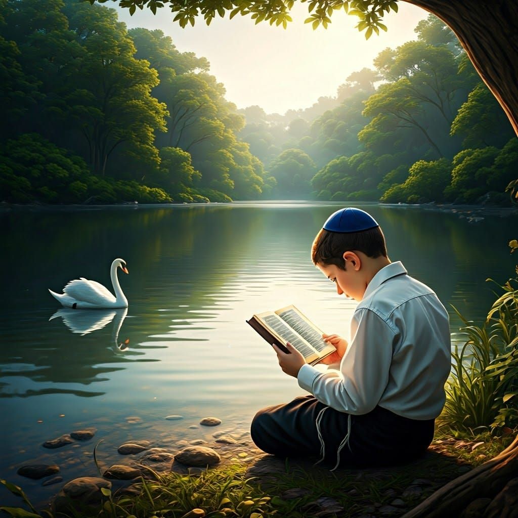 Devout Boy Praying by Lake with Swans