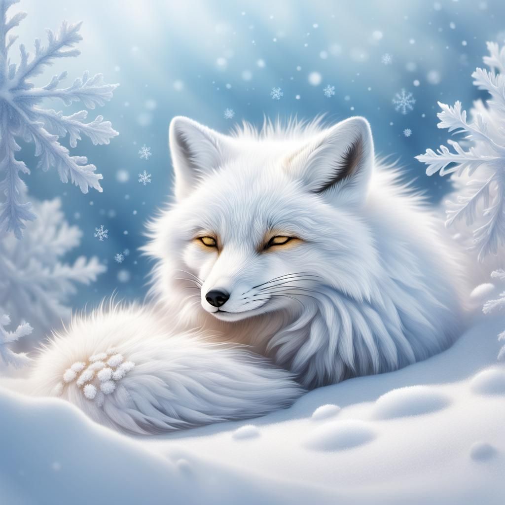 White Fox Sleeping in Snowbank: Photorealistic Illustration