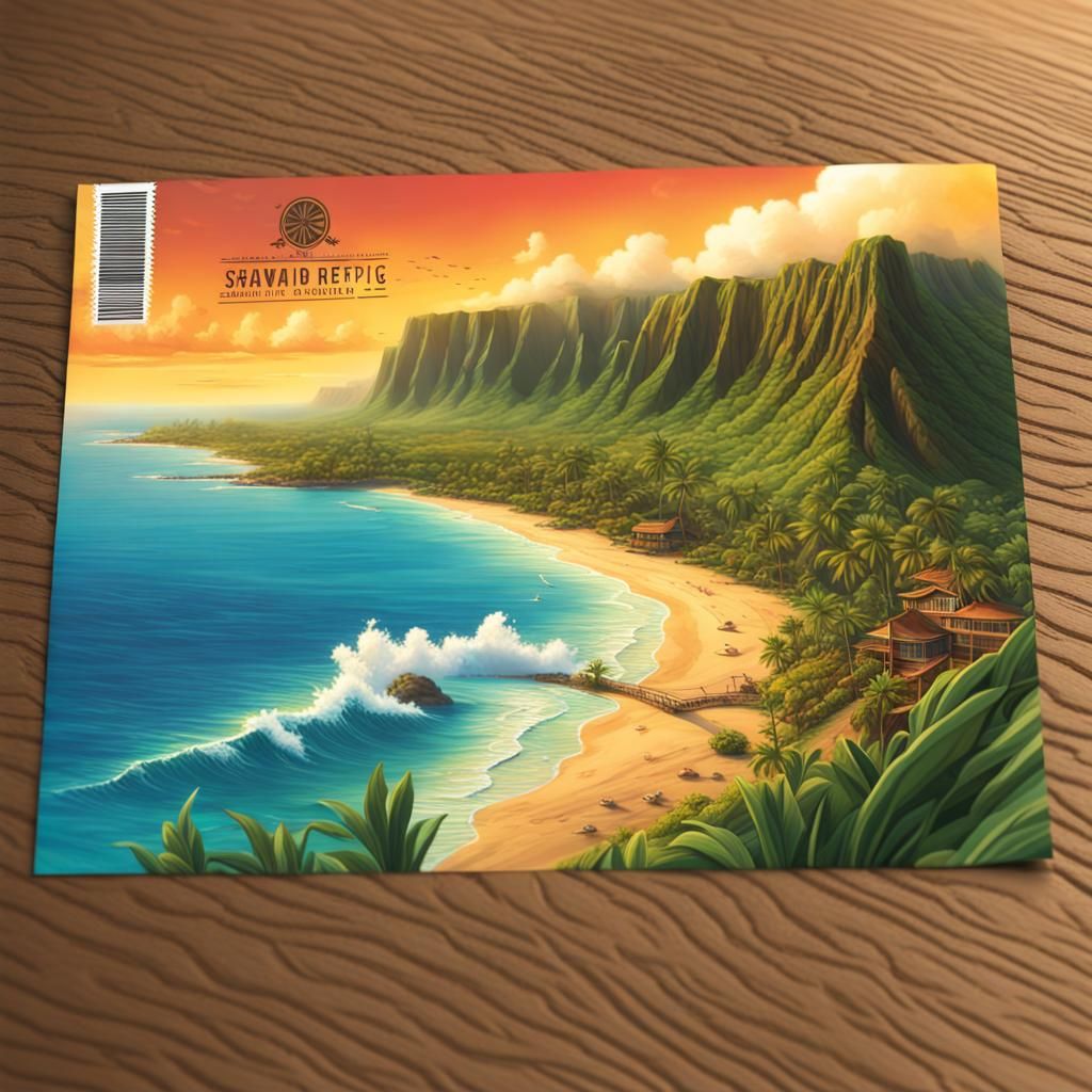 Hyperrealistic 3D Hawaii Postcard in Splash Art Style