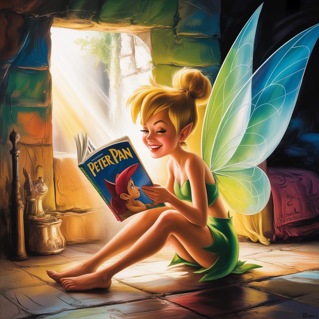Tinkerbell Reading Comics in Sunlight, Acrylic Painting Styl...