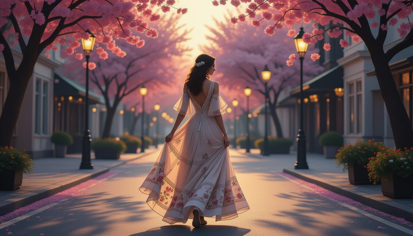 Woman in Floral Dress on Spring Street at Dusk