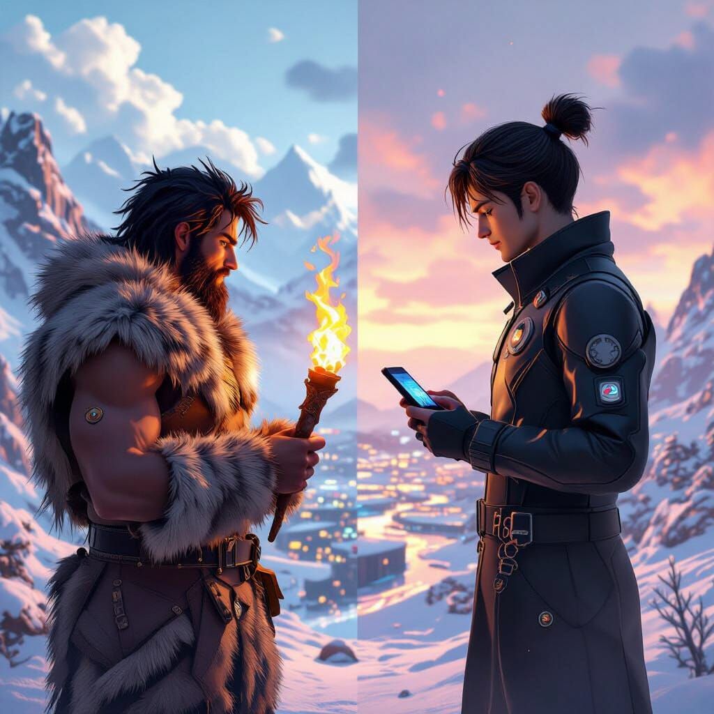 Ancient Man Meets Modern Human in Anime Style