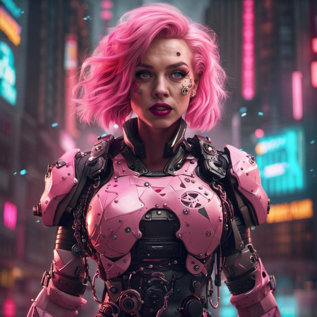 Cyberpunk Warrior with Pink Hair in Detailed Matte Painting