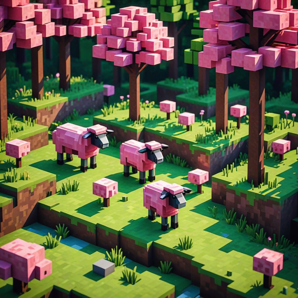Vibrant Blocky Landscape with Pink Sheep in a Minecraft Fore...