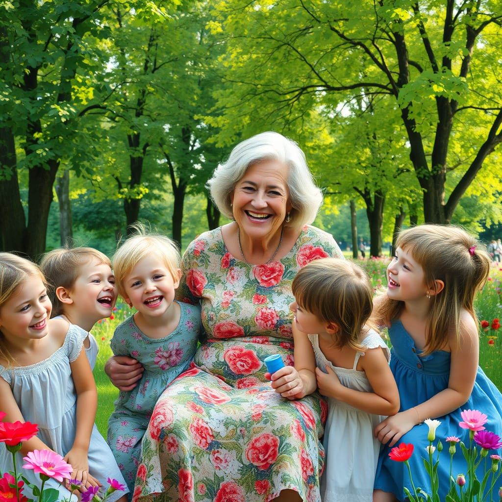 Grandmother and Grandchildren in a Vibrant Impressionist Par...