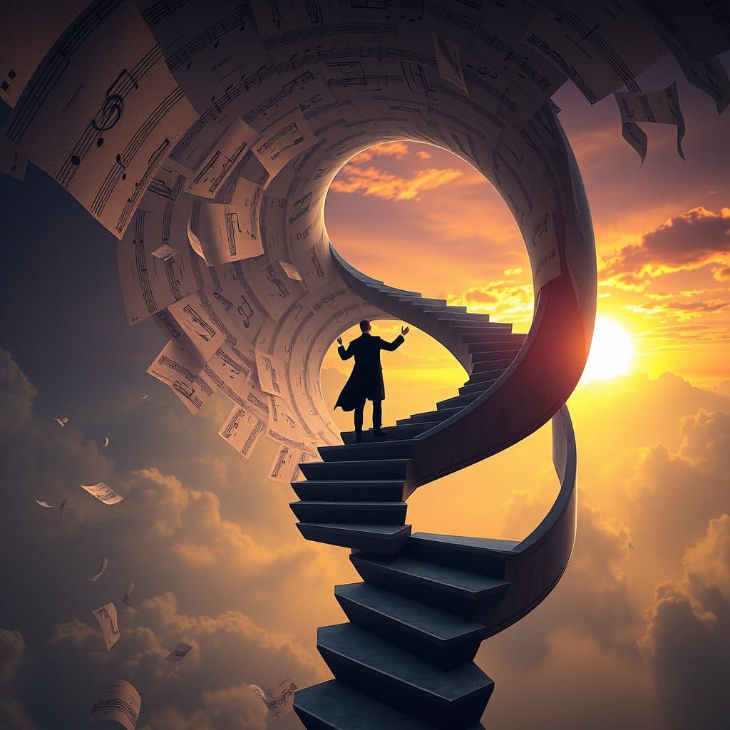 Conductor on Gravity-Defying Staircase in Dark Fantasy Style