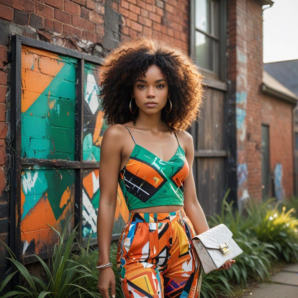 Vibrant Black Woman in Eclectic Outfit Outside Rustic Brick ...